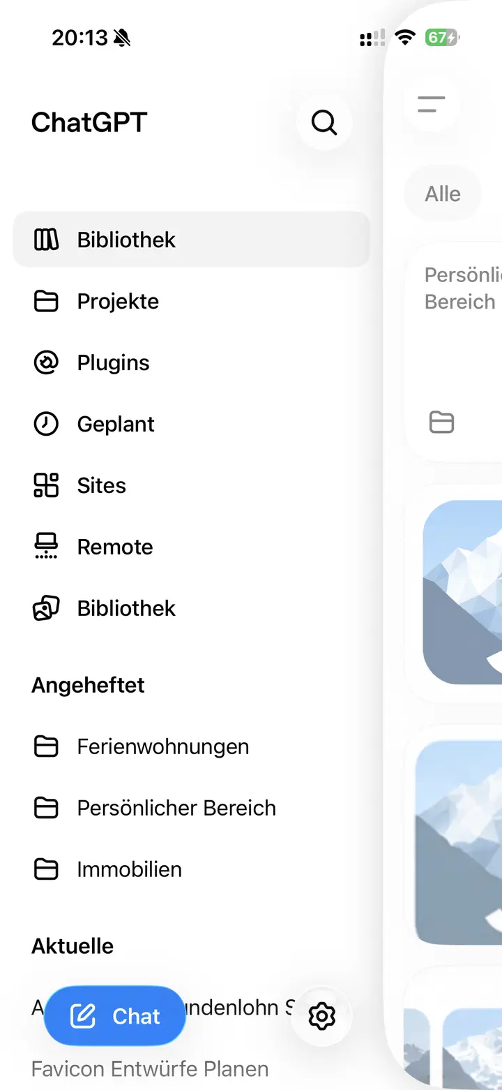 Das Seitenmenü der ChatGPT-App am Handy, geöffnet. Unten links der blaue Knopf «Chat» mit Stift.