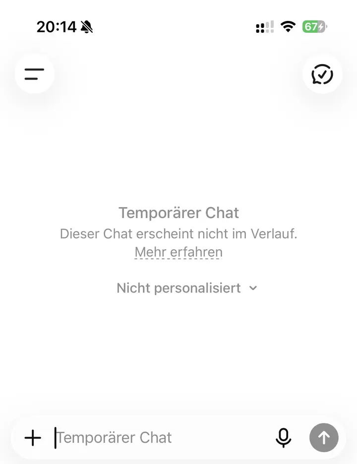 Der temporäre Chat: In der Mitte steht «Temporärer Chat — dieser Chat erscheint nicht im Verlauf», das Eingabefeld ist leer.