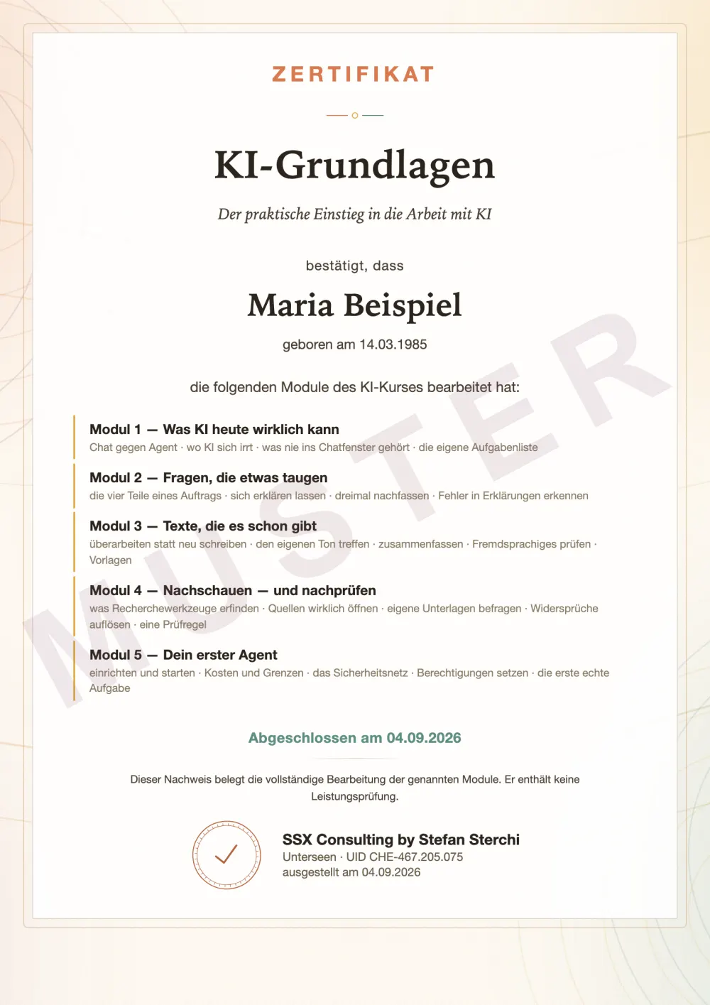 Musterurkunde Zertifikat «KI-Grundlagen»