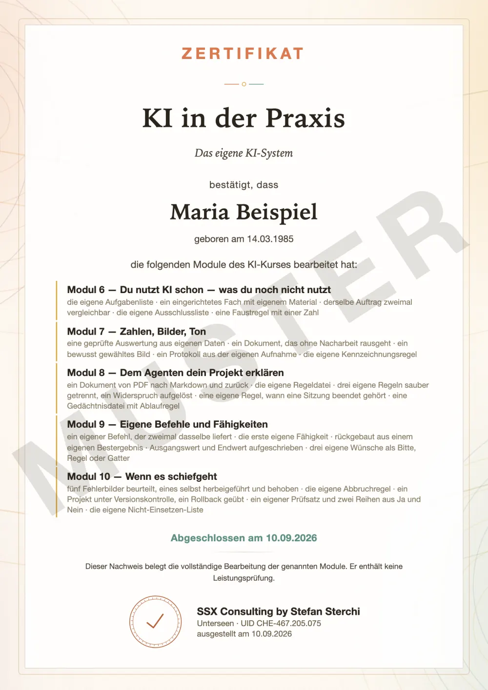 Musterurkunde Zertifikat «KI in der Praxis»