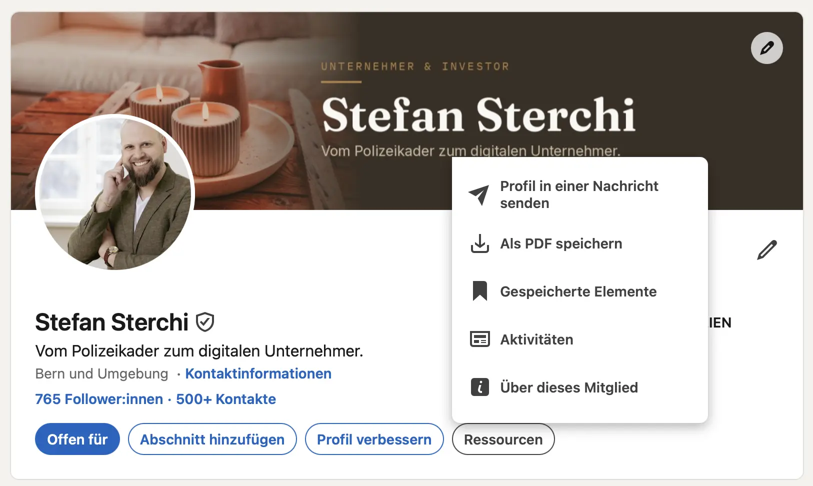 LinkedIn-Profil: Knopf «Ressourcen» geöffnet, Menüpunkt «Als PDF speichern»